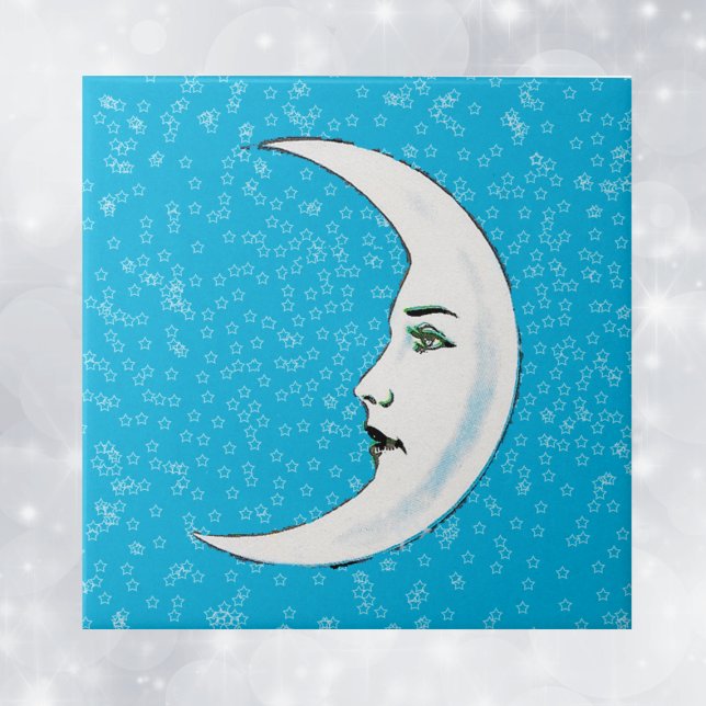 Vintager Halbmond Weißer Mond Gesicht Weißsterne Fliese (White crescent face with Gothic aface black lips white stars on aqua blue decorative tile.)