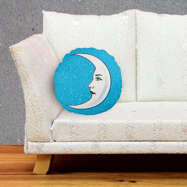 Vintager Halbmond Weißer Mond Gesicht Weißsterne Rundes Kissen (White crescent moon Gothic face tiny white stars on vibrant blue decorative pillow.)