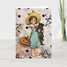 Vintager Halloween Boy und Black Cat Feiertagskarte