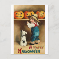 Vintager Halloween Boy, Welpe und Jack-o-Laterne