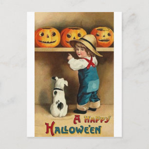 Vintager Halloween Boy, Welpe und Jack-o-Laterne Postkarte
