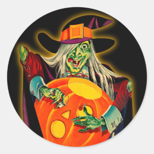 Vintager Halloween-Hexe-Aufkleber Runder Aufkleber