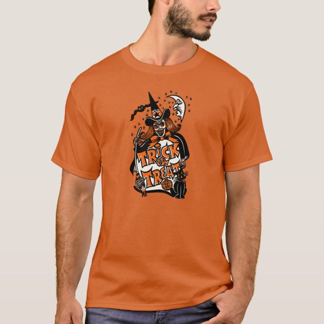 Vintager Halloween-Hexe-Trick oder Leckerei T-Shirt (Vorderseite)