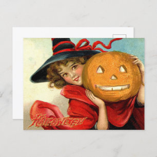 Vintager Halloween-Hexenkürbis Feiertagspostkarte
