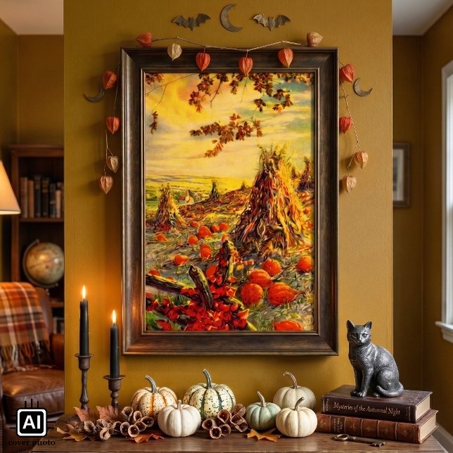 Vintager Halloween-Kürbispflaster mit Hystacks Poster (Vintage illustration Halloween design featuring an autumn scene with a pumpkin patch and haystacks.)