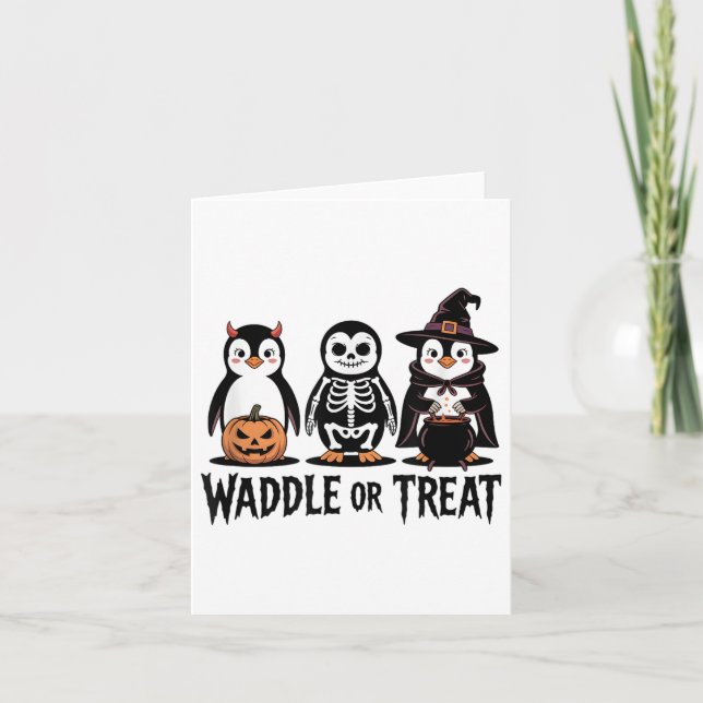 Vintager Halloween-Pinguin-Trick oder Waddle-Spook Karte (Vorderseite)