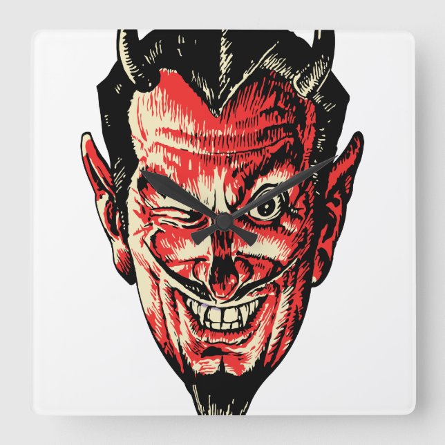 Vintager Halloween Red Devil Head Quadratische Wanduhr (Vorderseite)