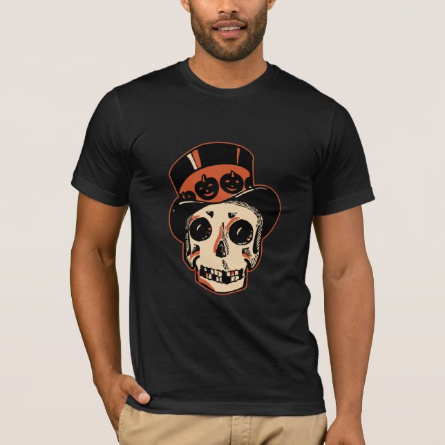 Vintager Halloween-Schädel mit Spitzenhut T-Shirt (Vorderseite)