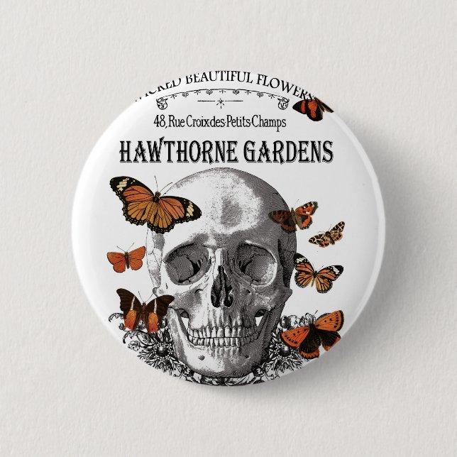 Vintager Halloween-Schädel und Schmetterlinge Button (Vorderseite)