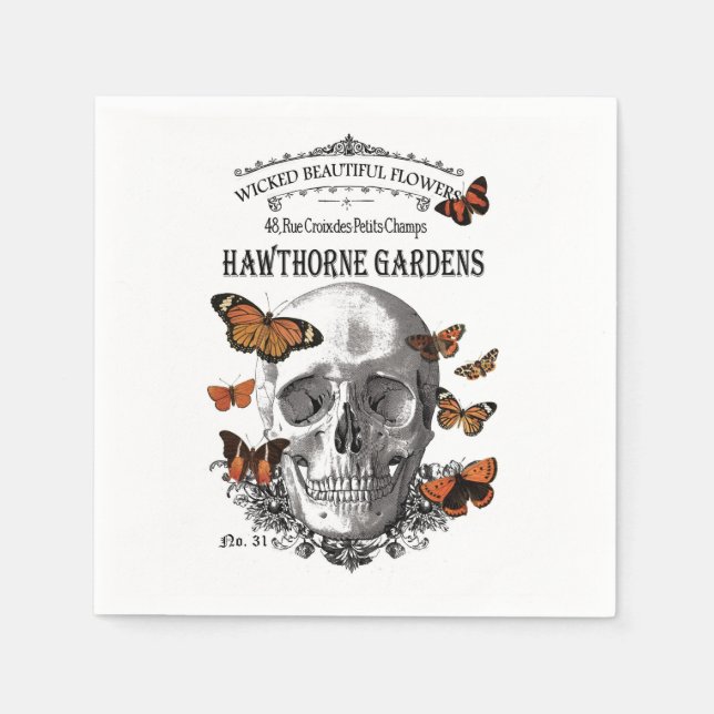 Vintager Halloween-Schädel und Schmetterlinge Serviette (Vorderseite)