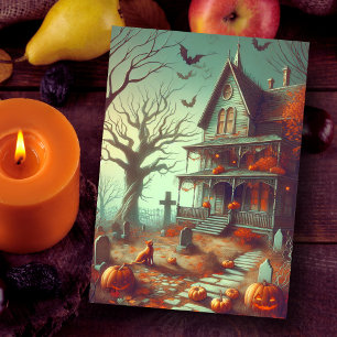 Vintager Halloween Spuk House Fall Feiertagskarte