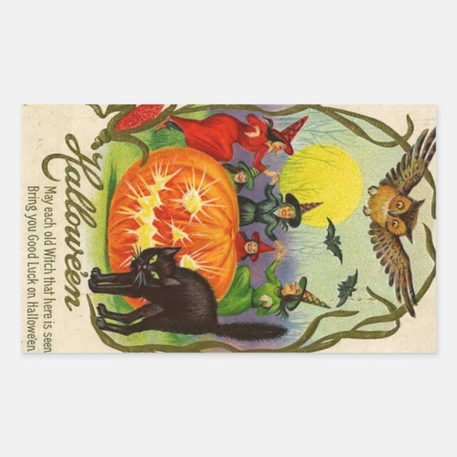 Vintager Halloween-Sticker | Hexenkatze Rechteckiger Aufkleber (Vorderseite)