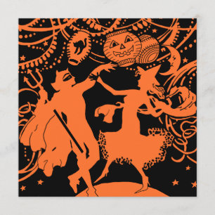 Vintager Halloween-Teufel-Hexe-Tanz Karte