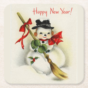 Vintager Happy New Year Snowman Rechteckiger Pappuntersetzer