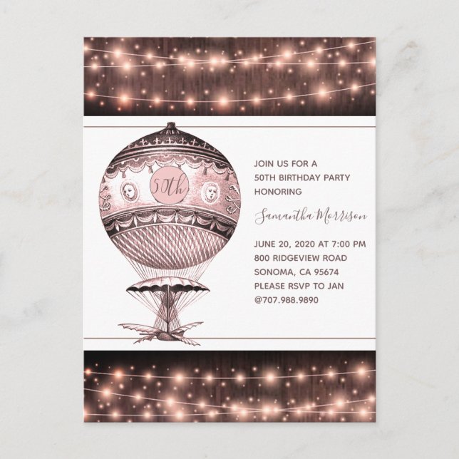 Vintager Heißluftballon 50. Geburtstagsparty Postkarte (Vorderseite)