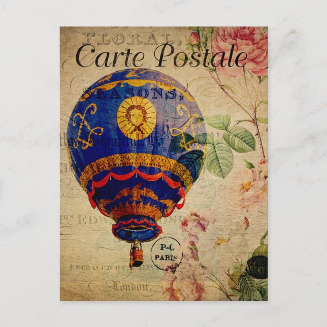Vintager Heißluftballon Floral Blume Französisch Postkarte (Vorderseite)
