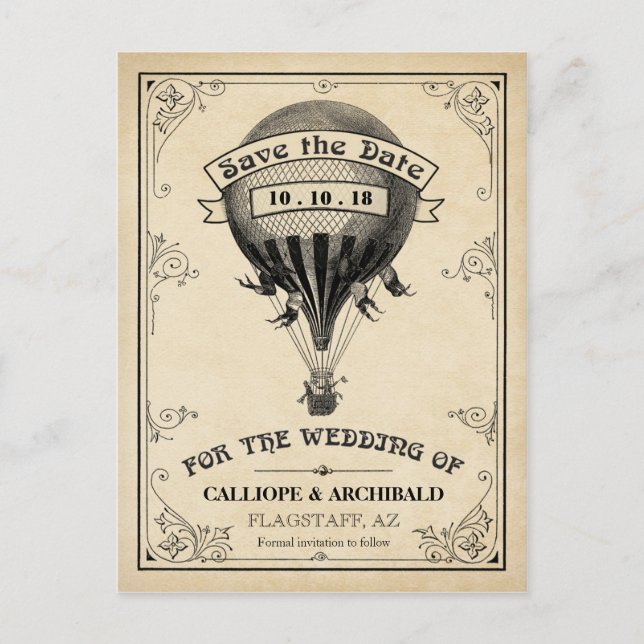 Vintager Heißluftballon Hochzeit Speichern Sie das Ankündigungspostkarte (Vorderseite)