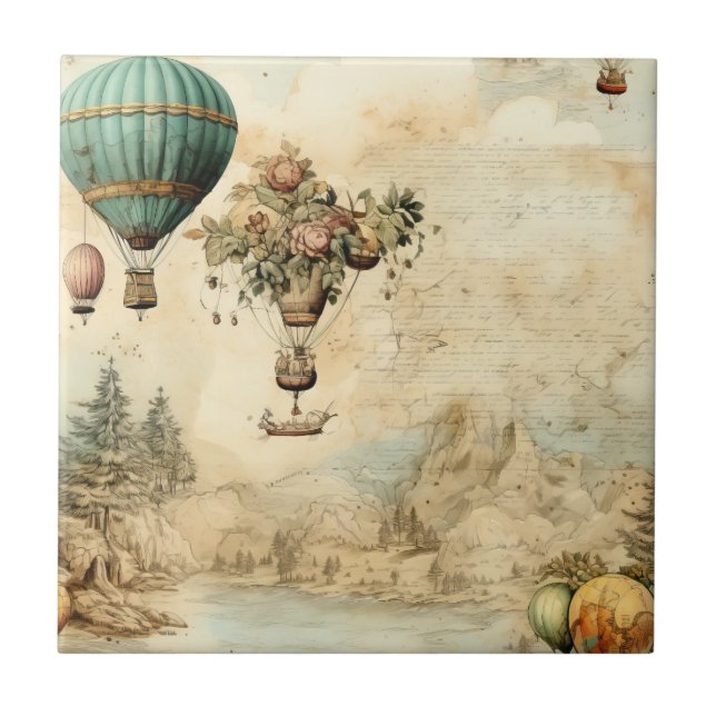 Vintager Heißluftballon in einer Serenlandschaft ( Fliese (Vorderseite)
