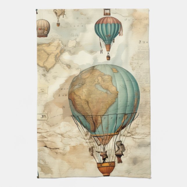 Vintager Heißluftballon in einer Serenlandschaft ( Geschirrtuch (Vertikal)