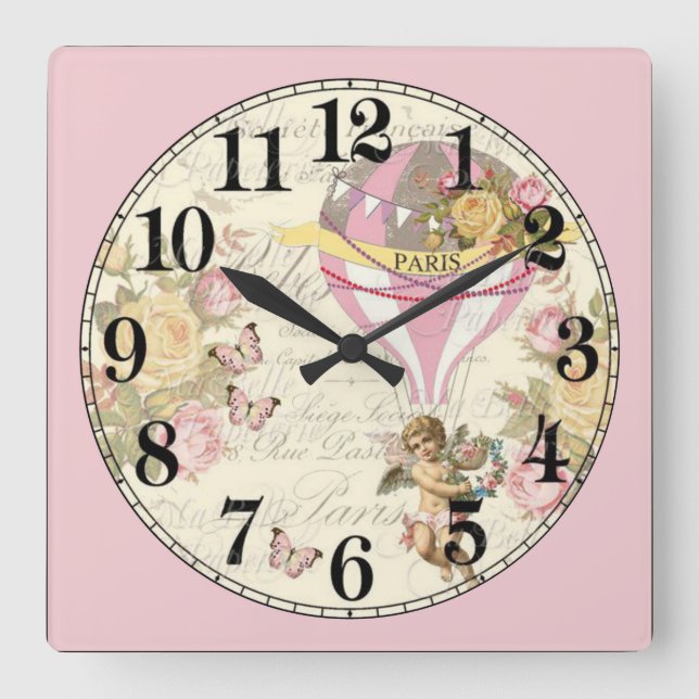Vintager Heißluftballon und Cherub Quadratische Wanduhr (Vorderseite)