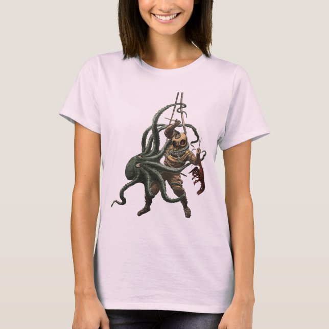 Vintager Helmtaucher mit Hummer und Oktopus T-Shirt (Vorderseite)