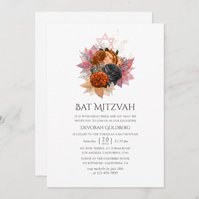 Vintager Herbst Floral Bouquet Bat Mitzvah Einladung (Vorne/Hinten)