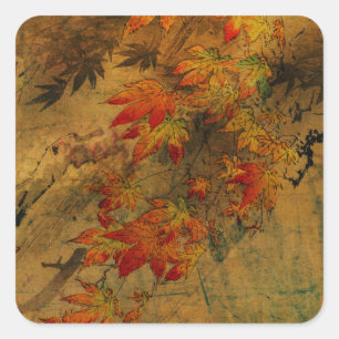 Vintager Herbst lässt japanische Aquarellbilder üb Quadratischer Aufkleber