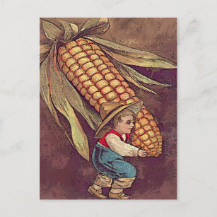 Vintager Herbstjunge mit Mais Postkarte