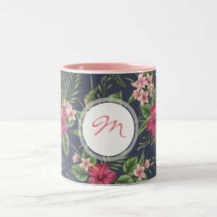 Vintager Hibisken dunkle Muster Monogramm-Tasse Zweifarbige Tasse