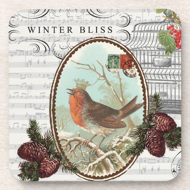 Vintager Holiday-Winter-Bird-Untersetzer Getränkeuntersetzer (Vorderseite)