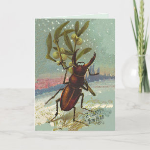 Vintager Horned Beetle & Mistletoe Frohes Neues Ja Feiertagskarte