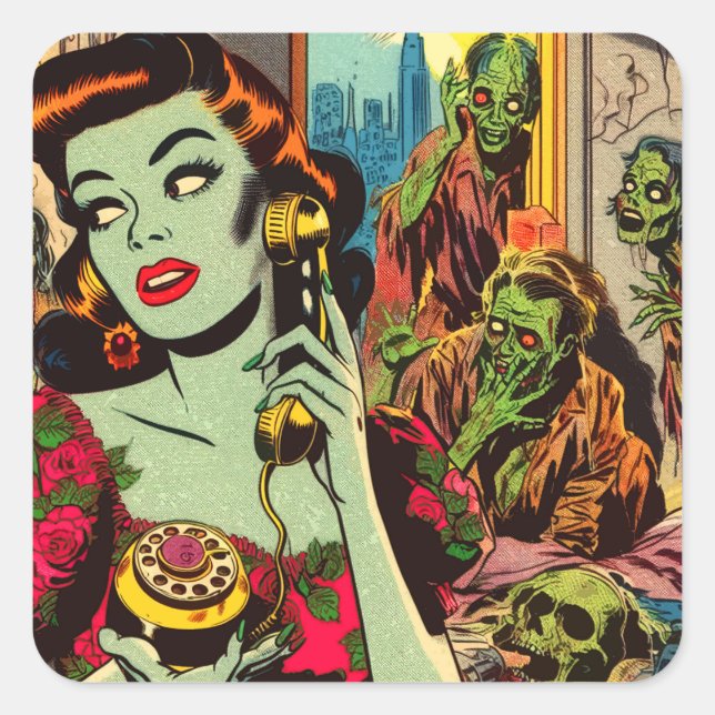 Vintager Horror Zombie Comicen Quadratischer Aufkleber (Vorderseite)
