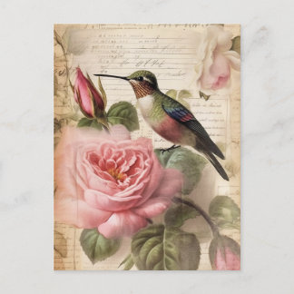 Vintager Hummingvogel und rosa Rosen Postkarte