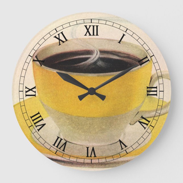 Vintager Illustrationskaffee im Gelben Cup Große Wanduhr (Vorderseite)