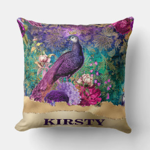 Vintager Illustrierter Pfau und Blume Grunge Kissen