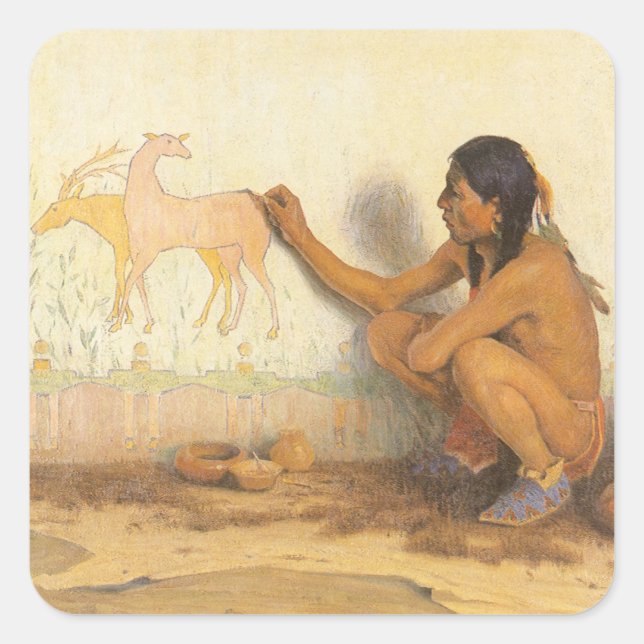 Vintager Indianer, indischer Künstler von Couse Quadratischer Aufkleber (Vorderseite)
