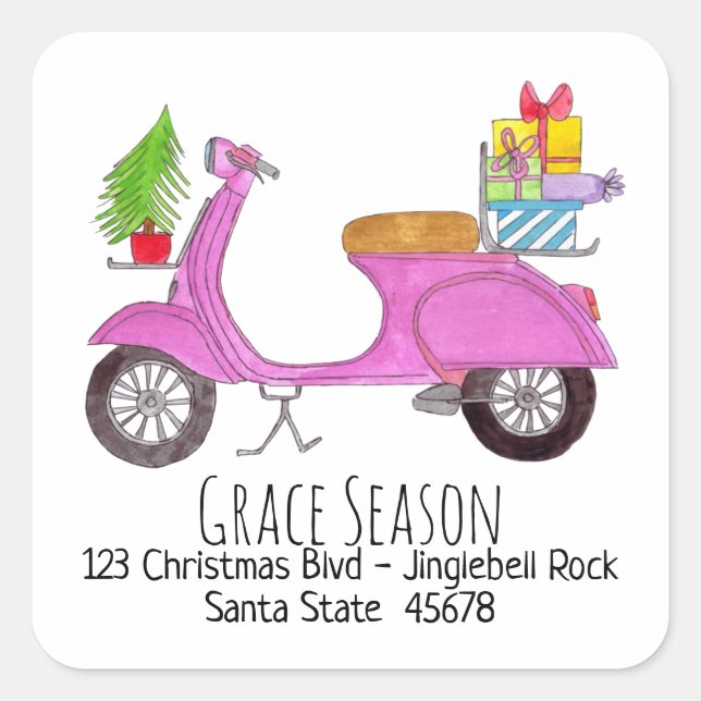Vintager italienischer Scooter mit Weihnachtsgesch Quadratischer Aufkleber (Vorderseite)