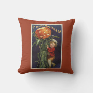 Vintager Jack-o-Lantern Cornstalk und Boy Hallowee Kissen