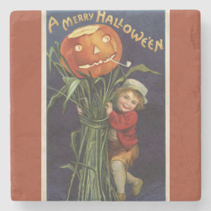 Vintager Jack-o-Lantern Cornstalk und Boy Hallowee Steinuntersetzer