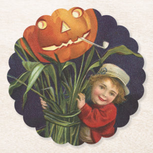 Vintager Jack-o-Lantern Cornstalk und Boy Hallowee Untersetzer