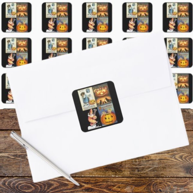 Vintager Jack oLantern mit Kindermontage Quadratischer Aufkleber (Vintage Jack o'Lantern with Kids Montage Square Sticker)