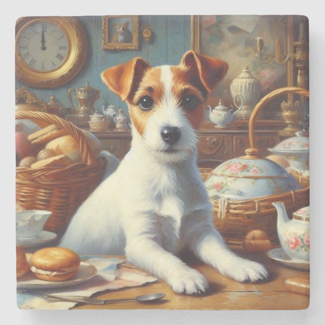 Vintager Jack Russell Terrier Painting Steinuntersetzer (Vorderseite)