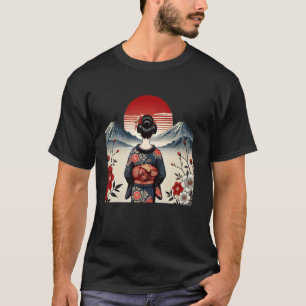 Vintager japanischer Art Sonnenuntergang Berg Flor T-Shirt