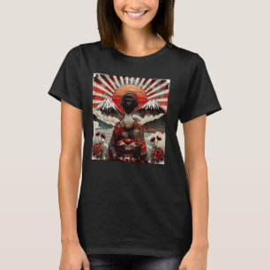 Vintager japanischer Art Sonnenuntergang Berg Flor T-Shirt