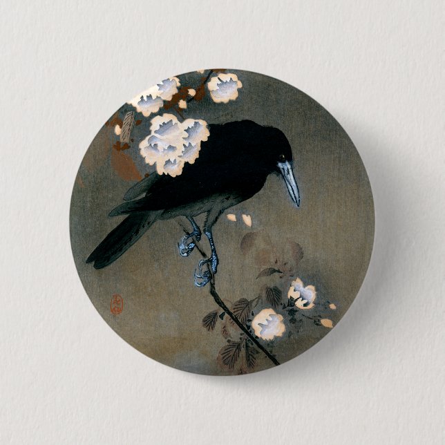 Vintager japanischer Crow und Blossom-Holzblock-Dr Button (Vorderseite)