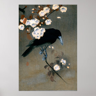 Vintager japanischer Crow und Blossom-Holzblock-Dr Poster
