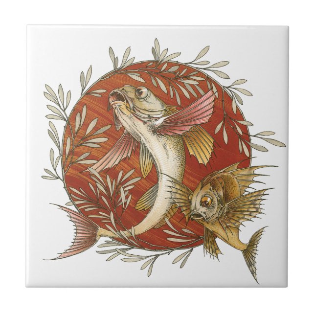 Vintager japanischer Fisch und Bambus-Blätter Kuns Fliese (Vorderseite)