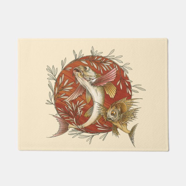 Vintager japanischer Fisch und Bambus-Blätter Kuns Fußmatte (Vorderseite)