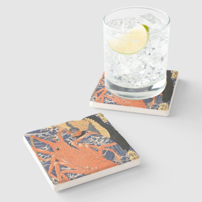 Vintager japanischer Hummer und Bird Steinuntersetzer (Seitenansicht)