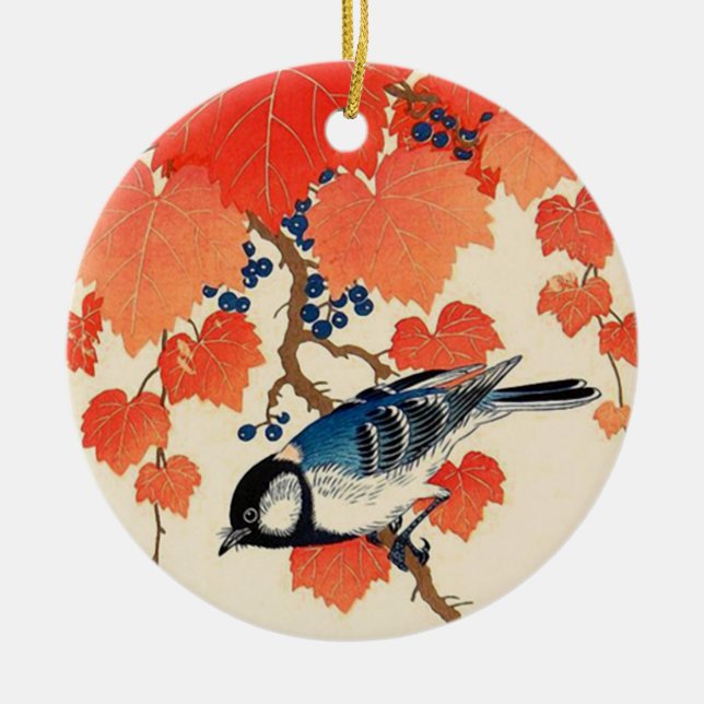 Vintager japanischer Jay Bird und Herbstgrapevine Keramikornament (Vorne)